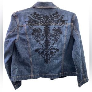 CHICO’S Women's Denim Jean Floral Embroidered Jacket Outerwear Size 1 Medium
